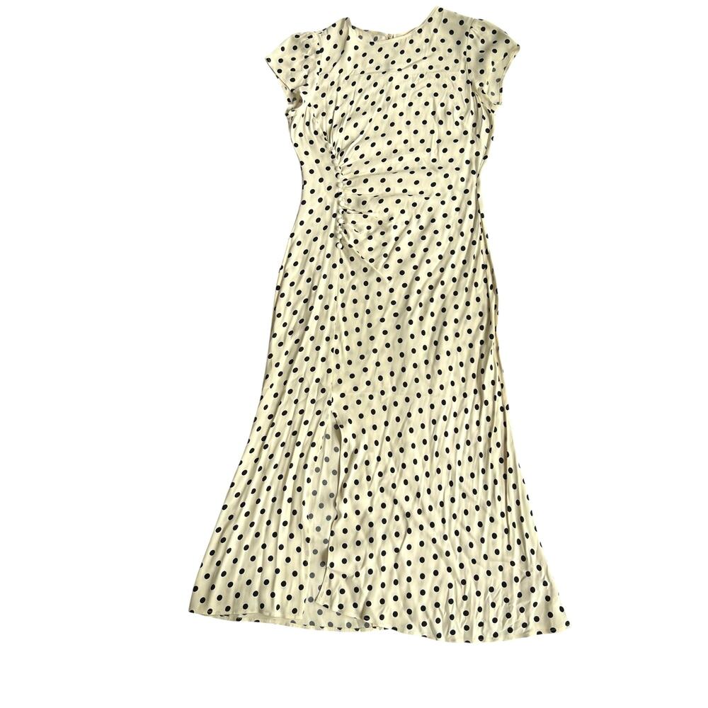 Reformation Polka Dot Midi Dress Side Slit Ruched Button Detail 10 Retail $278
